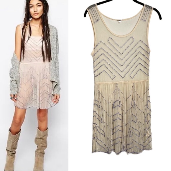 Free People Dresses & Skirts - Free People Blush Beaded Sheer Gatsby Mini Dress